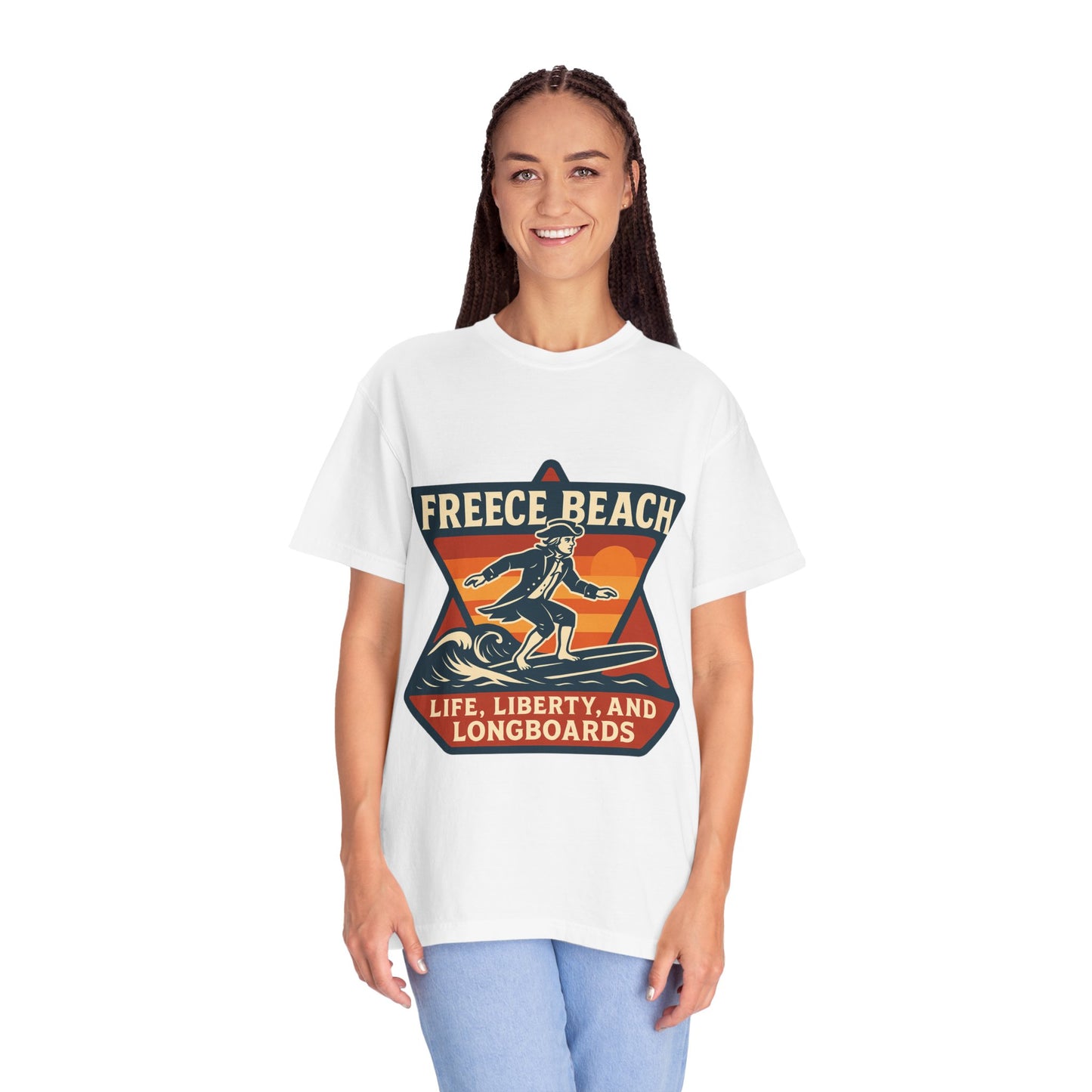 Freece Beach Life, Liberty & Longboards Surfer Tee – Patriotic Edition
