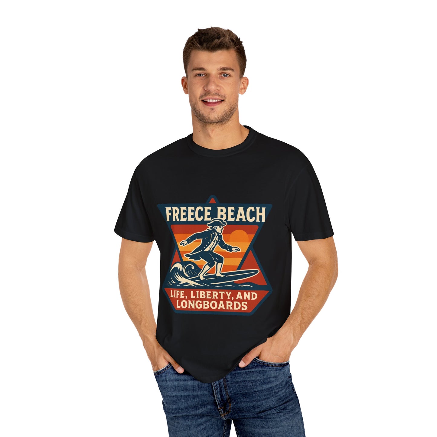 Freece Beach Life, Liberty & Longboards Surfer Tee – Patriotic Edition