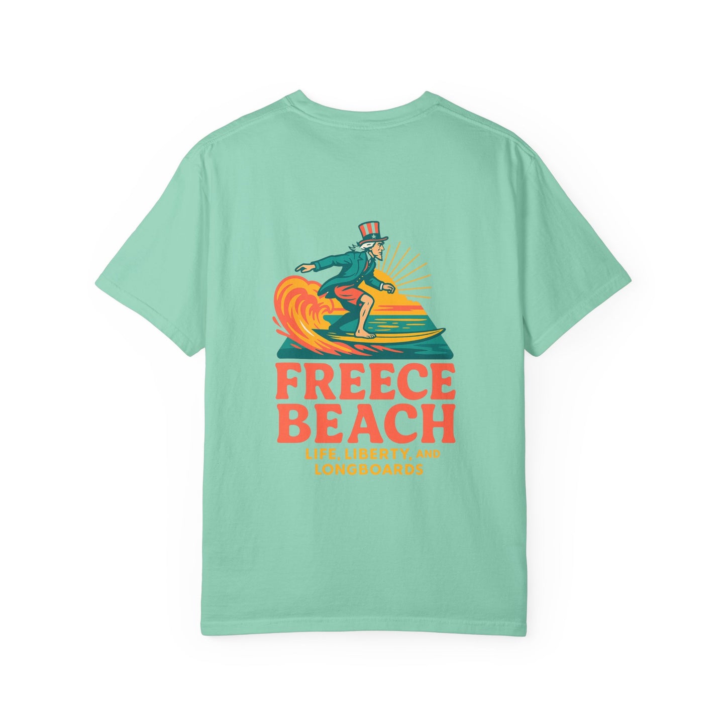 Freece Beach Graphic T-Shirt - Life, Liberty and Longboards Neon