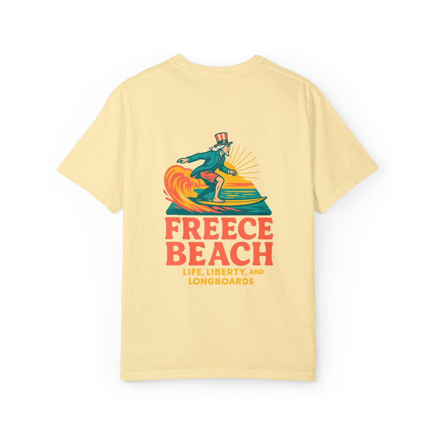 Freece Beach Graphic T-Shirt - Life, Liberty and Longboards Neon