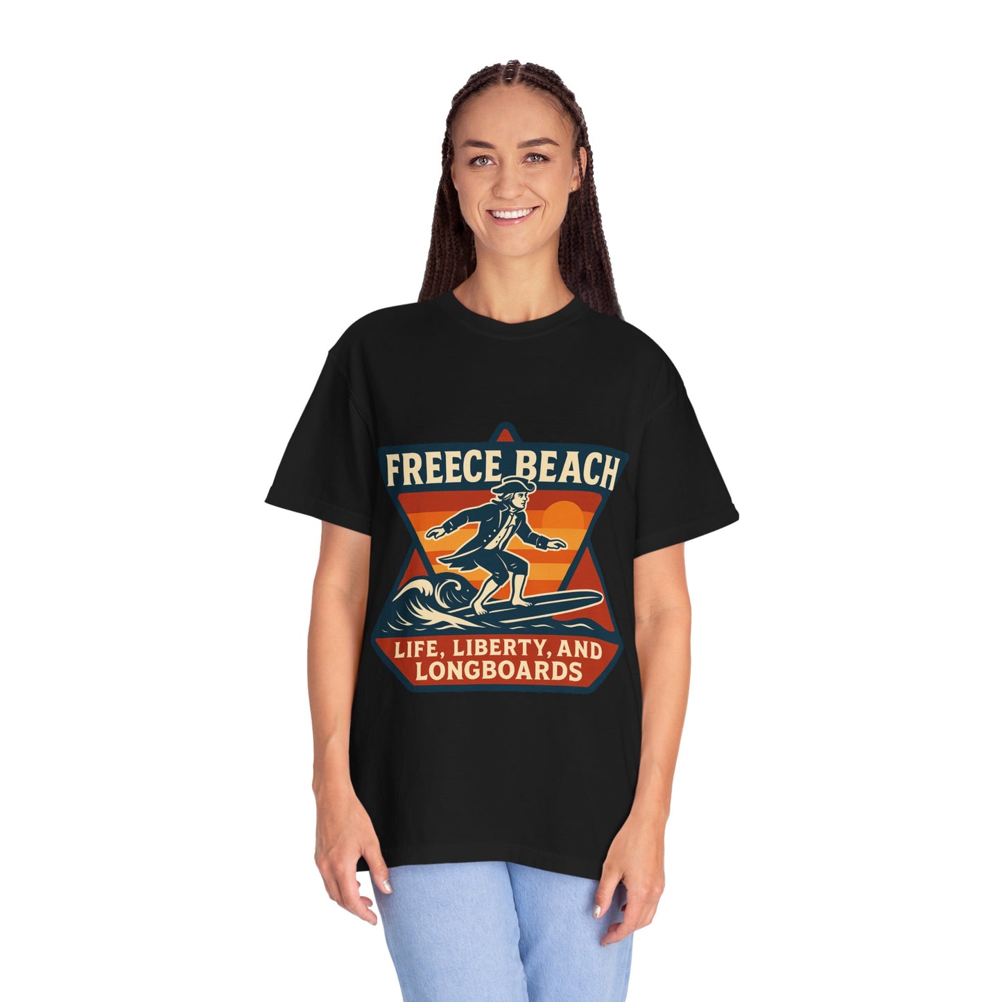 Freece Beach Life, Liberty & Longboards Surfer Tee – Patriotic Edition