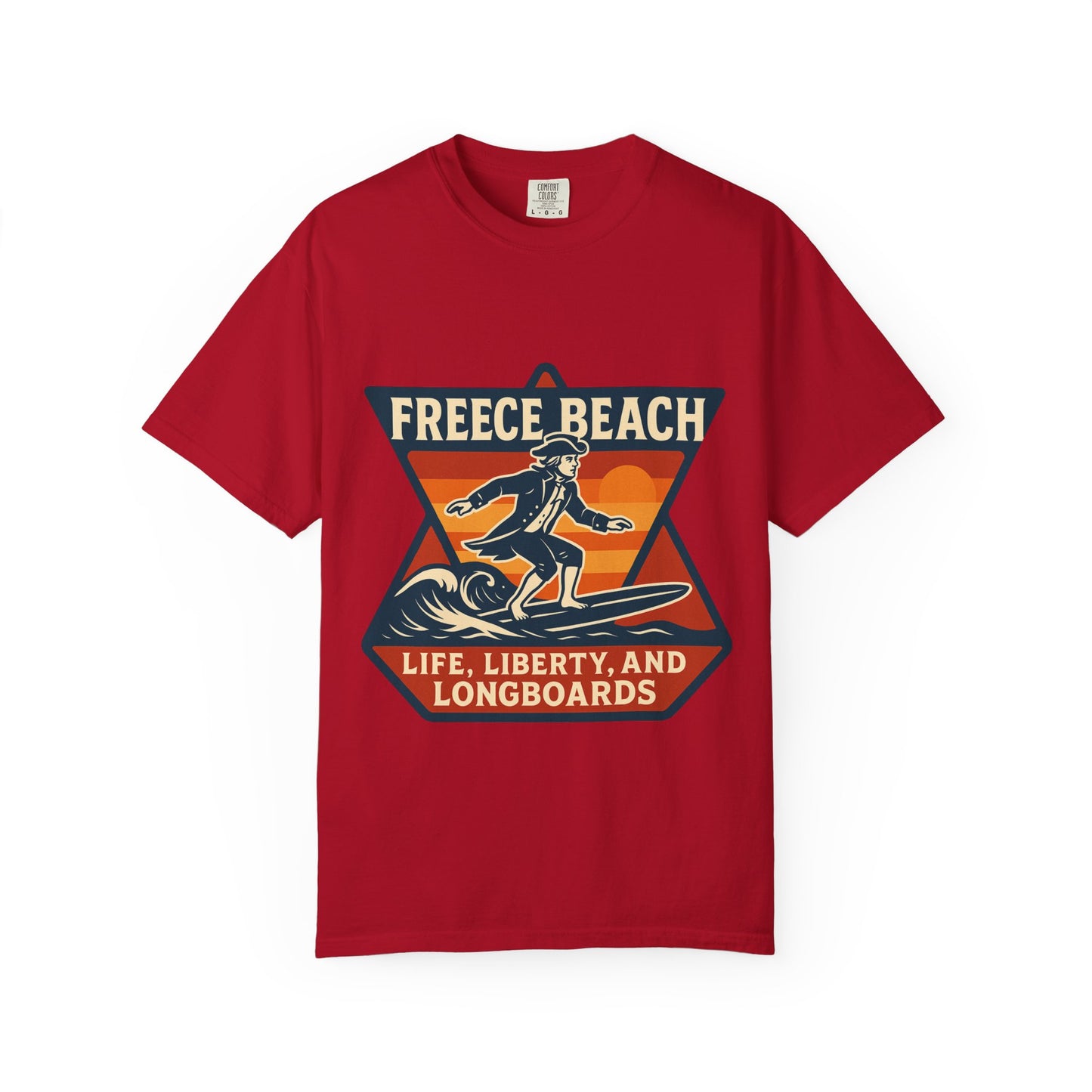 Freece Beach Life, Liberty & Longboards Surfer Tee – Patriotic Edition