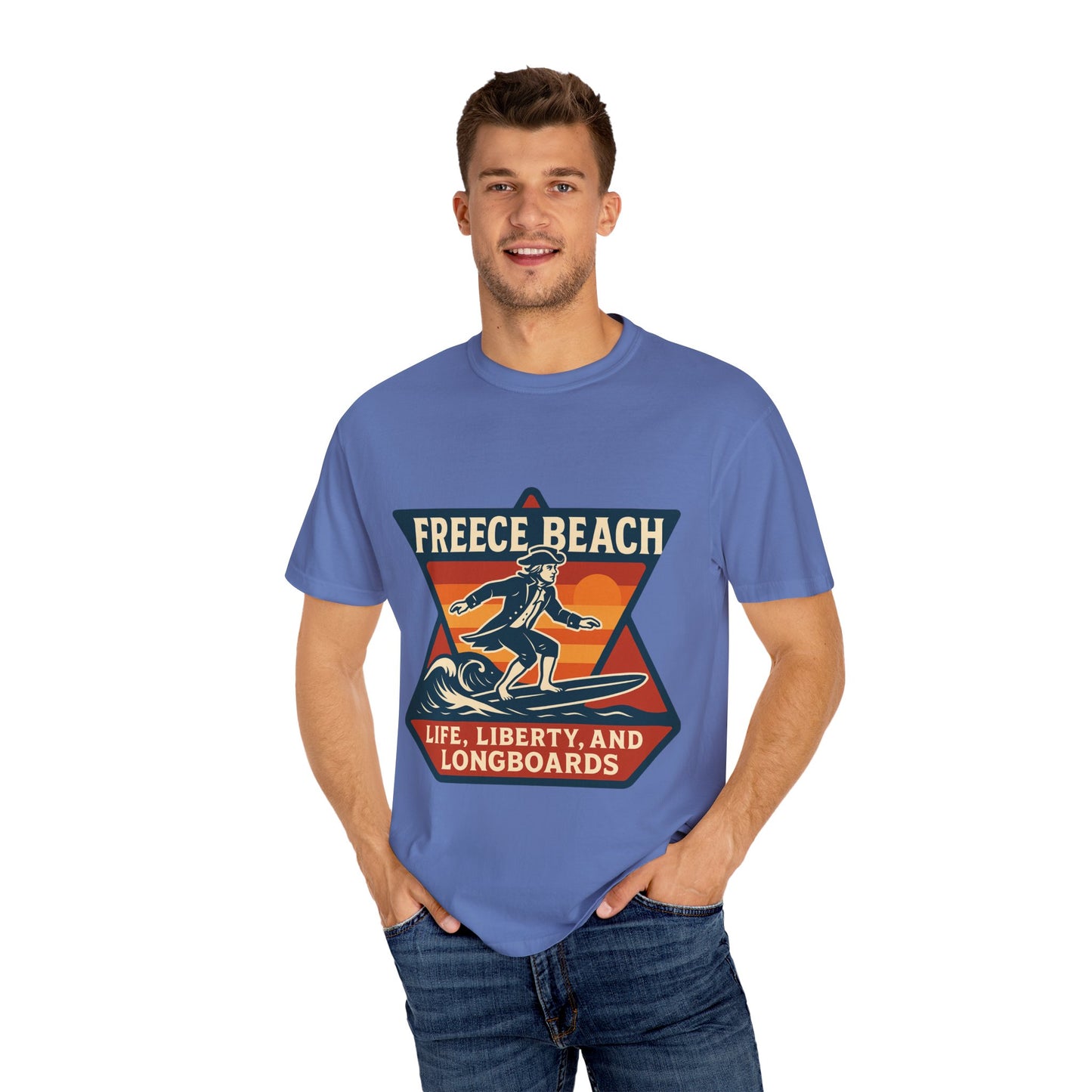 Freece Beach Life, Liberty & Longboards Surfer Tee – Patriotic Edition