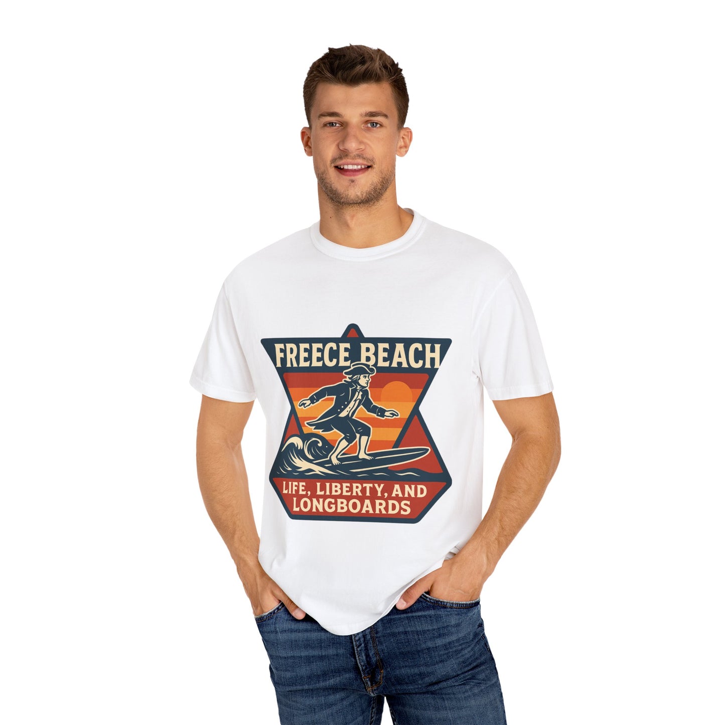 Freece Beach Life, Liberty & Longboards Surfer Tee – Patriotic Edition