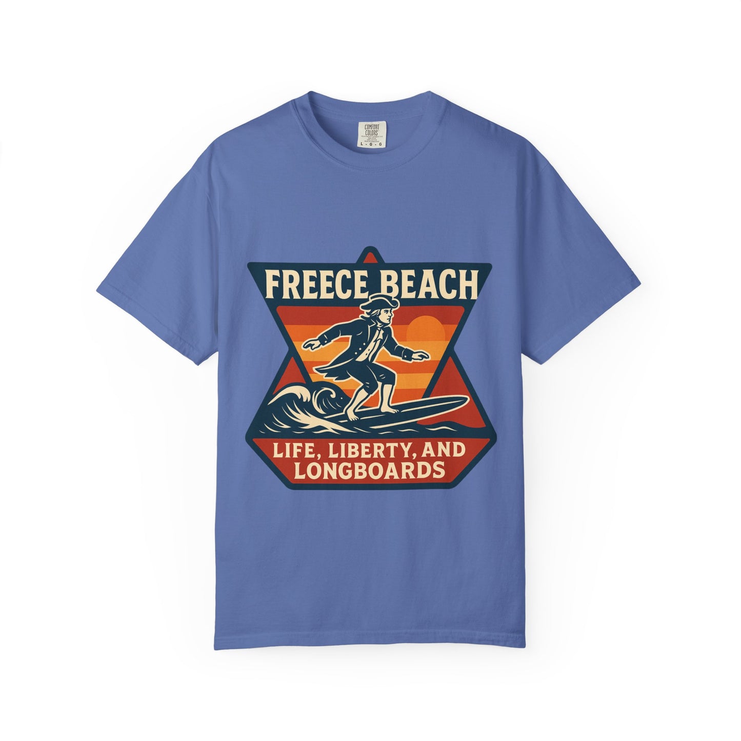 Freece Beach Life, Liberty & Longboards Surfer Tee – Patriotic Edition