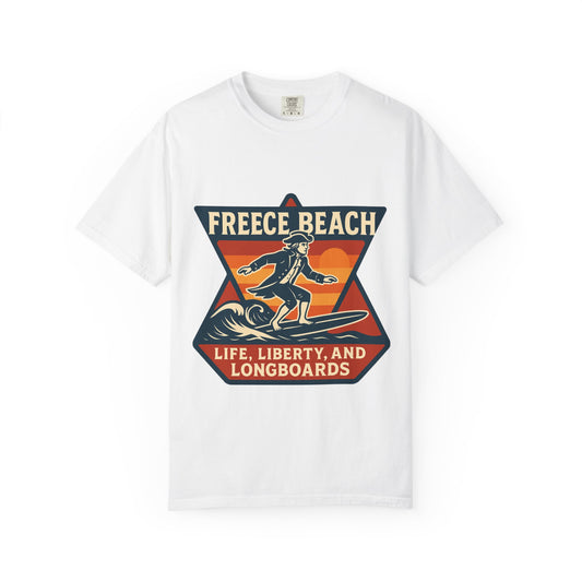 Freece Beach Life, Liberty & Longboards Surfer Tee – Patriotic Edition