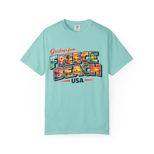 Freece Beach Graphic T-Shirt - Greetings Postcard
