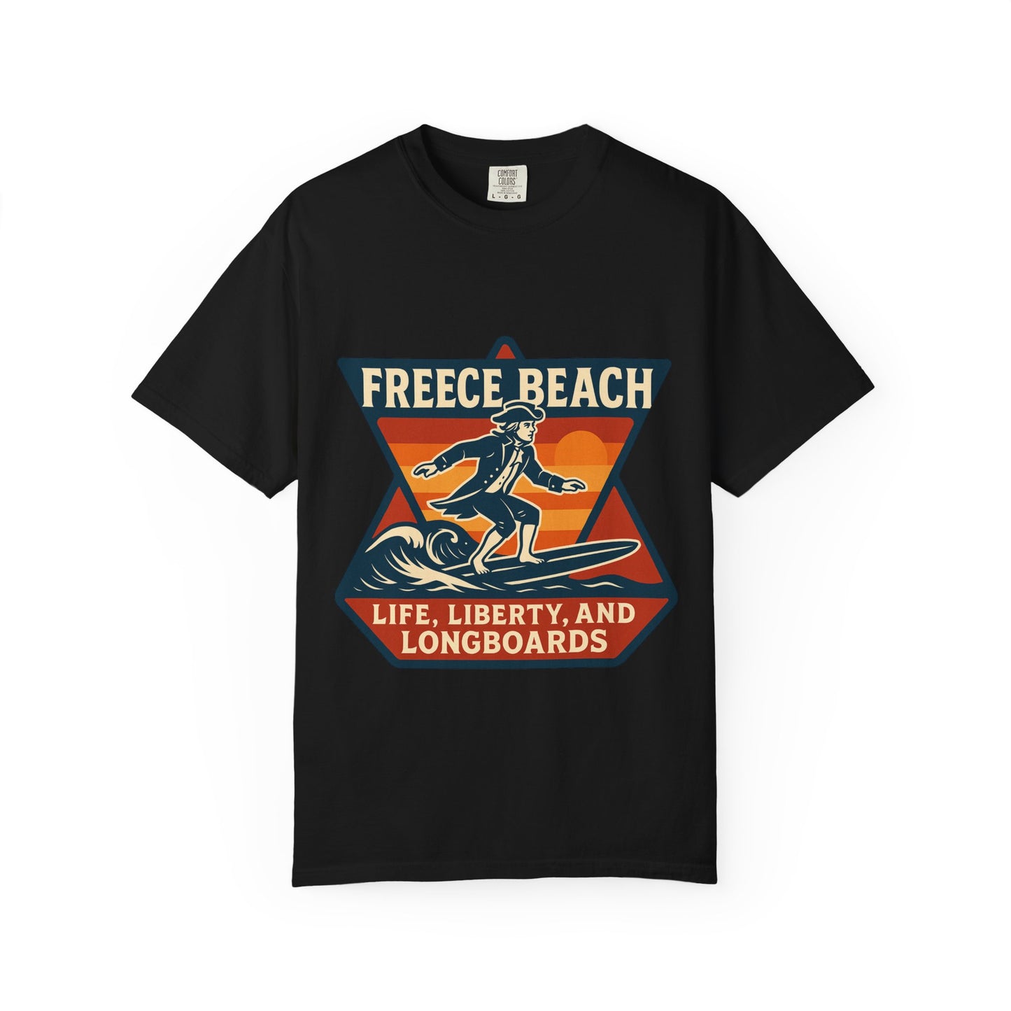 Freece Beach Life, Liberty & Longboards Surfer Tee – Patriotic Edition