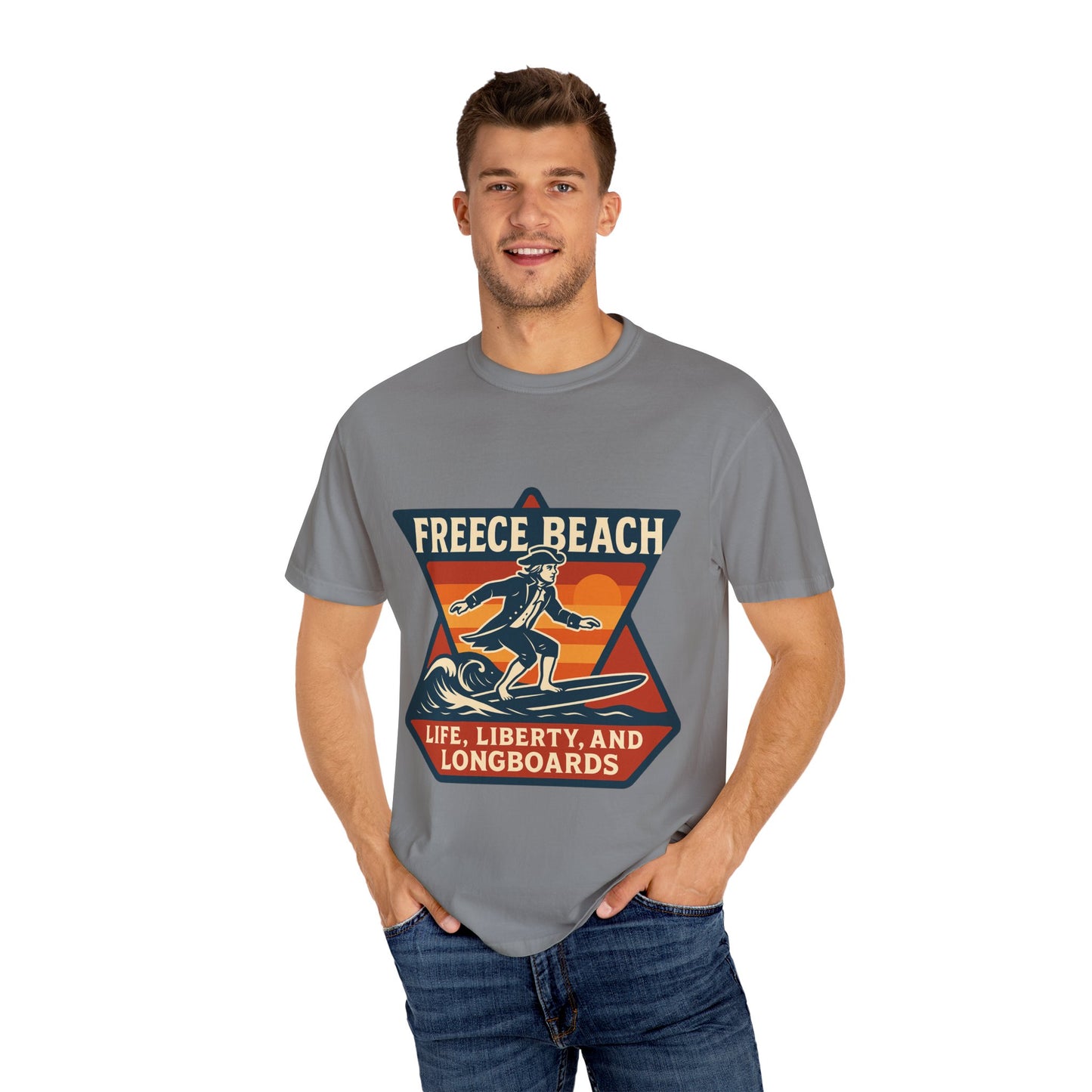 Freece Beach Life, Liberty & Longboards Surfer Tee – Patriotic Edition