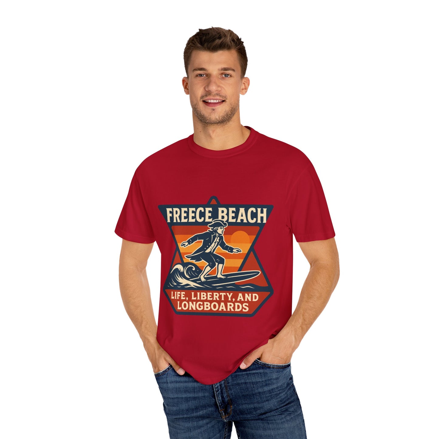 Freece Beach Life, Liberty & Longboards Surfer Tee – Patriotic Edition