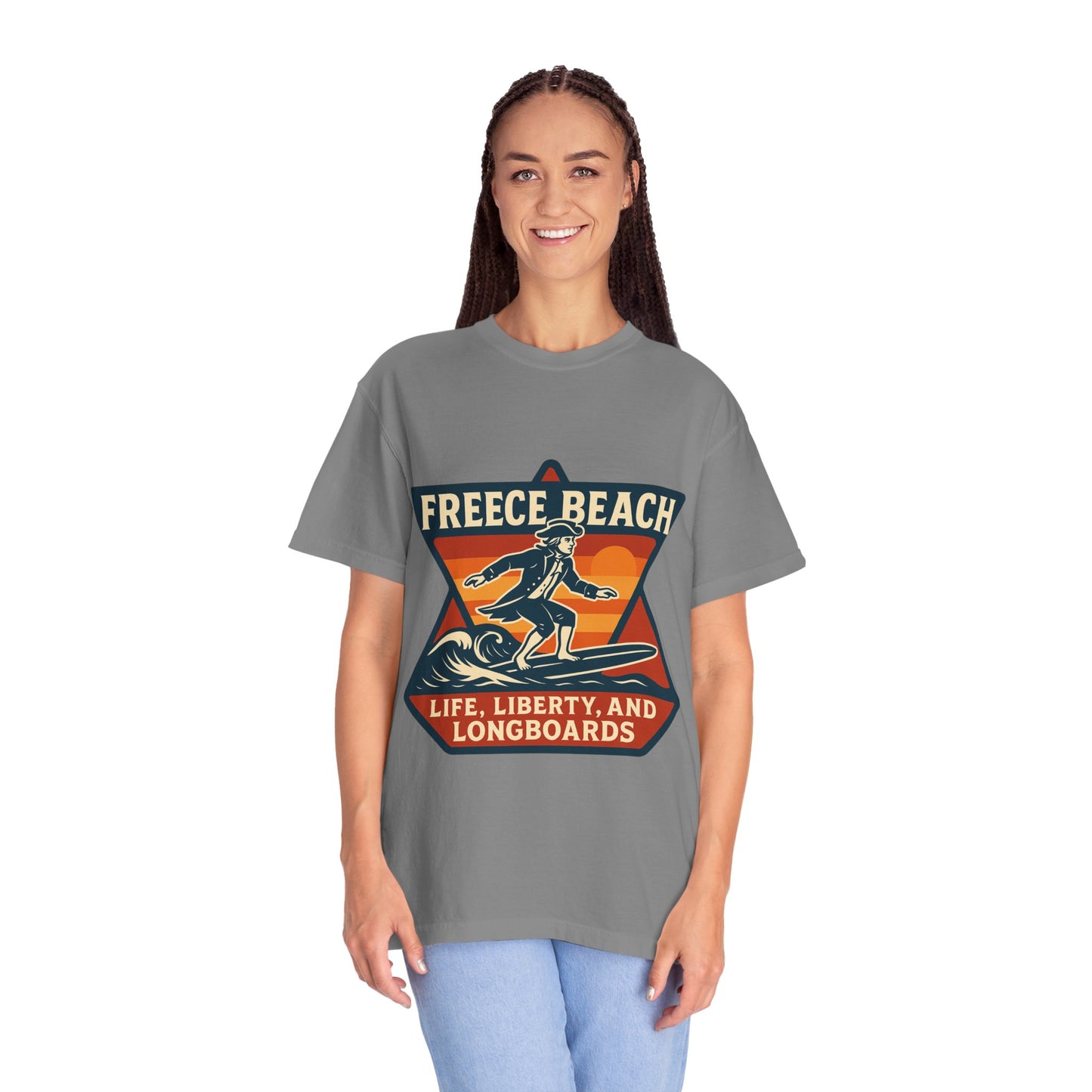 Freece Beach Life, Liberty & Longboards Surfer Tee – Patriotic Edition